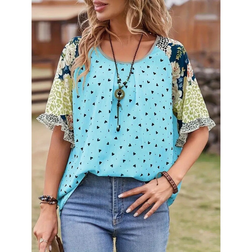 NEW Chic Flounce Sleeve Blouse Leopard & Heart Print Crew Neck Top Size L Blue